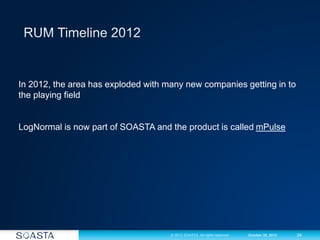 24© 2012 SOASTA. All rights reserved. October 30, 2012
In 2012, the area has exploded with many new companies getting in to
the playing field
LogNormal is now part of SOASTA and the product is called mPulse
 