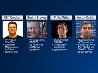 • VP Product
SOASTA
• Real User
Measurement
(mPulse)
• @cliffcrocker
Cliff Crocker
• VP Engineering
SOASTA
• Co-founder of
LogNormal
• @bbrewer
Buddy Brewer
• Chief Architect
SOASTA
• Co-founder of
LogNormal
• @bluesmoon
Philip Tellis
• Guerilla Engineer
@WalmartLabs
• Founder SF Web
Perf Meetup and
Web Perf Days
• @GoFastWeb
Aaron Kulick
 