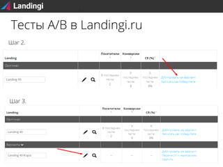Тесты A/B в Landingi.ru
Шаг 2.

Шаг 3.

 