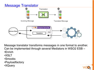 Message Translator
Message translator transforms messages in one format to another.
Can be implemented through several Mediators in WSO2 ESB –
• Enrich
• XSLT
• Smooks
• Payloadfactory
• XQuery
 