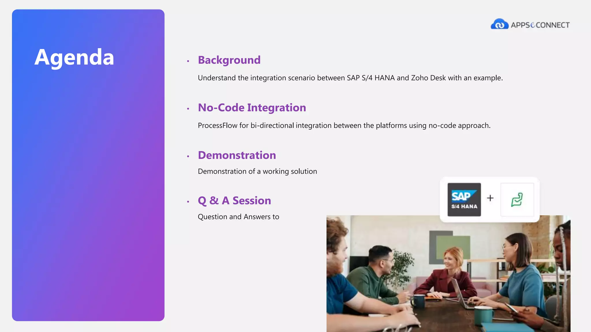 • Background
Understand the integration scenario between SAP S/4 HANA and Zoho Desk with an example.
• No-Code Integration
ProcessFlow for bi-directional integration between the platforms using no-code approach.
• Demonstration
Demonstration of a working solution
• Q & A Session
Question and Answers to
Agenda
 