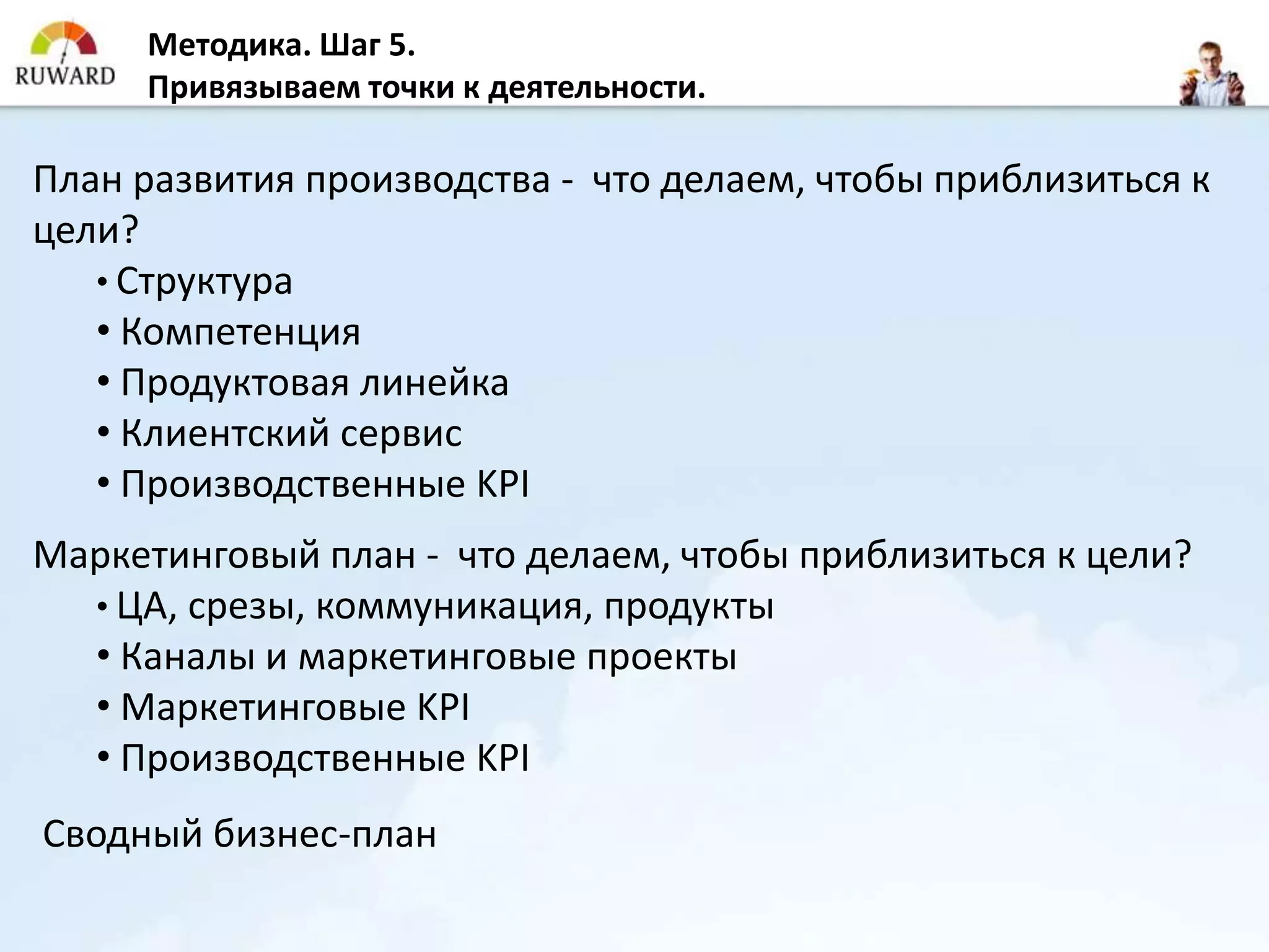 Методика. Шаг 5.
     Привязываем точки к деятельности.

План развития производства - что делаем, чтобы приблизиться к
цели?
   • Структура
   • Компетенция
   • Продуктовая линейка
   • Клиентский сервис
   • Производственные KPI
Маркетинговый план - что делаем, чтобы приблизиться к цели?
  • ЦА, срезы, коммуникация, продукты
  • Каналы и маркетинговые проекты
  • Маркетинговые KPI
  • Производственные KPI
Сводный бизнес-план
 
