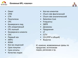 Основные KPI, «свалка»


•   Охват                         •   Кол-во клиентов
•   CPM                           •   Churn rate фактический
•   CTR                           •   Churn rate аналитический
•   Посетители                    •   Retention Cost
•   CPC                           •   Frequency
•   Конверсия в лид               •   DBTR
•   CPL оперативный               •   Дозаказы
•   CPL полный                    •   Продления
•   Конверсия в клиента           •   LT
•   CAC                           •   CLTV
•   Первый чек                    •   CSI (ЛПР и общий)
•   ARPU                          •   Выручка
•   ROMI
•   Кол-во лицензий           И, конечно, всевозможные срезы по
•   Срок покупки              продуктам, источникам
•   Срок оплаты               лидов, регионам и пр.
•   Качество лидов
 