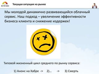 Текущая ситуация на рынке

Мы молодой динамично развивающийся облачный
сервис. Наш подход – увеличение эффективности
бизнеса клиента и снижение издержек!




Типовой жизненный цикл среднего по рынку сервиса:

      1) Анонс на Хабре ->       2)…   ->   3) Смерть
 
