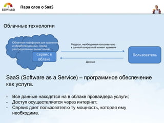 Пара слов о SaaS



Облачные технологии

    Облачная платформа для хранения
                                      Ресурсы, необходимая пользователю
    и обработки данных, среда
                                      в данный конкретный момент времени
    распределенных вычислений
                    Сервис в                                               Пользователь
                     облаке
                                                 Данные




SaaS (Software as a Service) – программное обеспечение
как услуга.

-   Все данные находятся на в облаке провайдера услуги;
-   Доступ осуществляется через интернет;
-   Сервис дает пользователю ту мощность, которая ему
    необходима.
 