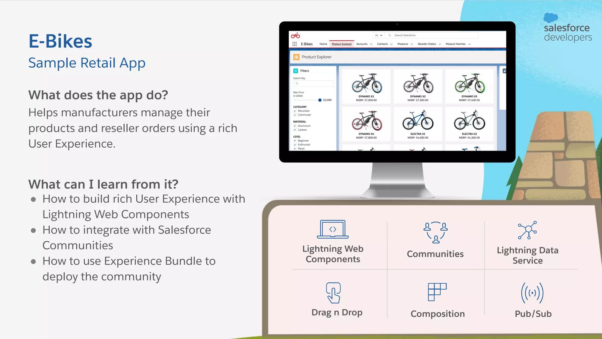 Sample Retail App E-Bikes Lightning Web Components Communities Lightning Data Service Drag n Drop Composition Pub/Sub What does the app do? Helps manufacturers manage their products and reseller orders using a rich User Experience. What can I learn from it? ● How to build rich User Experience with Lightning Web Components ● How to integrate with Salesforce Communities ● How to use Experience Bundle to deploy the community 