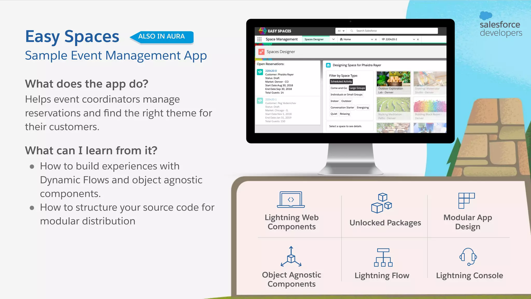 What does the app do? Helps event coordinators manage reservations and ﬁnd the right theme for their customers. What can I learn from it? ● How to build experiences with Dynamic Flows and object agnostic components. ● How to structure your source code for modular distribution Sample Event Management App Easy Spaces ALSO IN AURA Lightning Web Components Unlocked Packages Modular App Design Object Agnostic Components Lightning Flow Lightning Console 