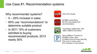 Page 22 © Hortonworks Inc. 2011 – 2014. All Rights Reserved
Use Case #1: Recommendation systems
Why recommender systems?
•  5 – 20% increase in sales
•  60% use “recommendations” to
determine suitable product
•  In 2011 15% of customers
admitted to buying
recommended products, 2013
nearly 30%
36 Million subscribers
60-70% view results from
recommendation
Tens of Billions “Thumbs up”
60 Million active users
3.8 billion hours of music (last Qtr)
47% up-tic in active users
67% increase in music served
25% YOY Growth
Trip Advisor collaborates with
EBAY, ORBITZ and others.
 