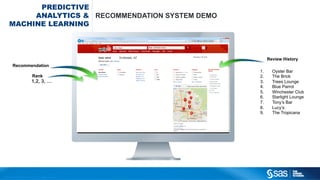 Copyright © 2012, SAS Institute Inc. All rights reserved.
PREDICTIVE
ANALYTICS &
MACHINE LEARNING
RECOMMENDATION SYSTEM DEMO
John Clark
Recommendation
History
1. Oyster Bar
2. The Brick
3. Trees Lounge
4. Blue Parrot
5. Winchester Club
6. Starlight Lounge
7. Tony’s Bar
8. Lucy’s
9. The Tropicana
Rank
1
2
3
Recommendation
Review History
1.  Oyster Bar
2.  The Brick
3.  Trees Lounge
4.  Blue Parrot
5.  Winchester Club
6.  Starlight Lounge
7.  Tony’s Bar
8.  Lucy’s
9.  The Tropicana
Rank
1,2, 3, …
Recommendation
 