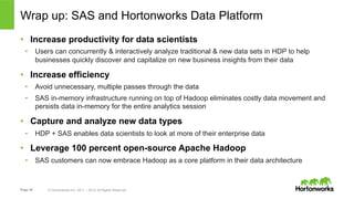 Page 30 © Hortonworks Inc. 2011 – 2014. All Rights Reserved
Wrap up: SAS and Hortonworks Data Platform
•  Increase productivity for data scientists
•  Users can concurrently & interactively analyze traditional & new data sets in HDP to help
businesses quickly discover and capitalize on new business insights from their data
•  Increase efficiency
•  Avoid unnecessary, multiple passes through the data
•  SAS in-memory infrastructure running on top of Hadoop eliminates costly data movement and
persists data in-memory for the entire analytics session
•  Capture and analyze new data types
•  HDP + SAS enables data scientists to look at more of their enterprise data
•  Leverage 100 percent open-source Apache Hadoop
•  SAS customers can now embrace Hadoop as a core platform in their data architecture
 