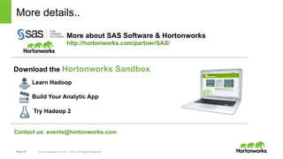 Page 32 © Hortonworks Inc. 2011 – 2014. All Rights Reserved
More details..
Download the Hortonworks Sandbox
Learn Hadoop
Build Your Analytic App
Try Hadoop 2
More about SAS Software & Hortonworks
http://hortonworks.com/partner/SAS/
Contact us: events@hortonworks.com
 