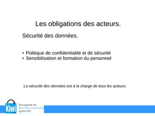 Les obligations des acteurs.
Sécurité des données.
● Politique de confidentialité et de sécurité
● Sensibilisation et formation du personnel
La sécurité des données est à la charge de tous les acteurs.
 