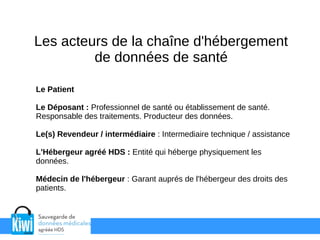 Les acteurs de la chaîne d'hébergement
de données de santé
Le Patient
Le Déposant : Professionnel de santé ou établissement de santé.
Responsable des traitements. Producteur des données.
Le(s) Revendeur / intermédiaire : Intermediaire technique / assistance
L'Hébergeur agréé HDS : Entité qui héberge physiquement les
données.
Médecin de l'hébergeur : Garant auprés de l'hébergeur des droits des
patients.
 