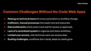 Common Challenges Without No-Code Web Apps
● Relying on technical teams for every automation or workﬂow change.
● Inefficient, manual processes that waste time and resources.
● Data bottlenecks where users must wait for access or approvals.
● Lack of a centralized system to organize and share workﬂows.
● Limited user access, only technical users can access data.
● Scaling challenges, workﬂows don’t easily adapt as needs grow.
 