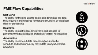 FME Flow Capabilities
Self-Serve
The ability for the end-user to select and download the data
they require in their desired format and structure, or to upload
data for processing
Real-time
The ability to react to real-time events and sensors to
perform immediate updates and deliver instant notiﬁcations
Automation
The ability to carry out data processing on a speciﬁc
schedule and spontaneously move data to anywhere from
anywhere
 