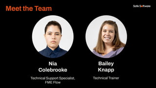 Nia
Colebrooke
Technical Support Specialist,
FME Flow
Bailey
Knapp
Technical Trainer
Meet the Team
 