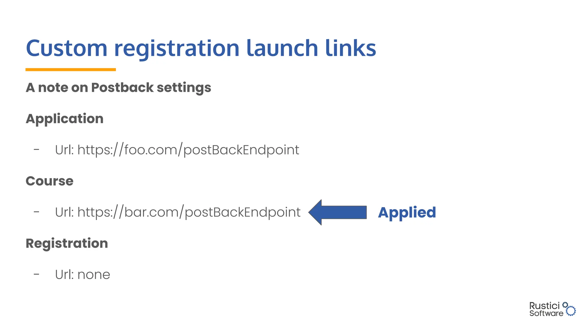 Custom registration launch links
A note on Postback settings
Application
- Url: https://foo.com/postBackEndpoint
Course
- Url: https://bar.com/postBackEndpoint
Registration
- Url: none
Applied
 