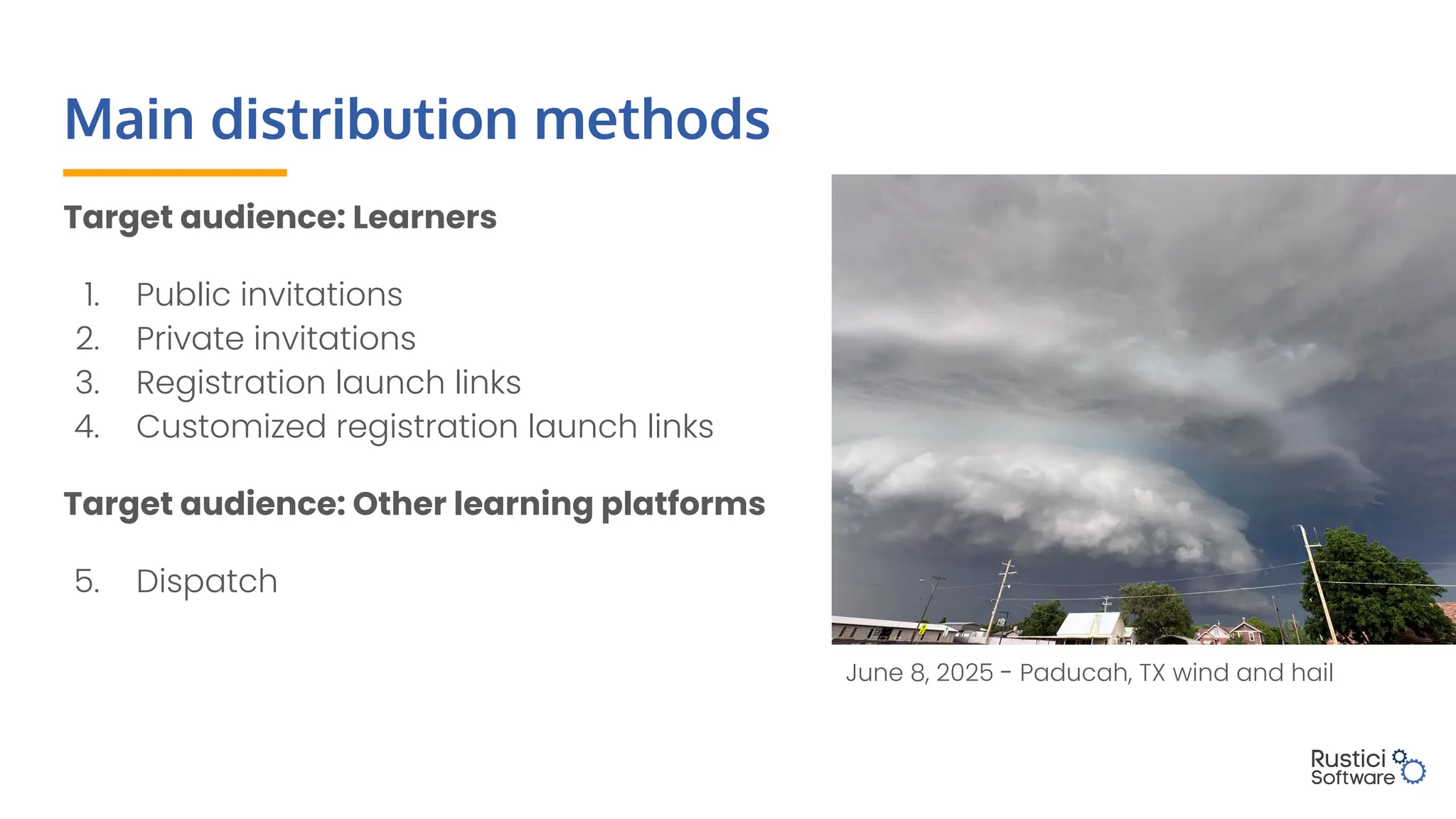 Main distribution methods
Target audience: Learners
1. Public invitations
2. Private invitations
3. Registration launch links
4. Customized registration launch links
Target audience: Other learning platforms
5. Dispatch
June 8, 2025 - Paducah, TX wind and hail
 