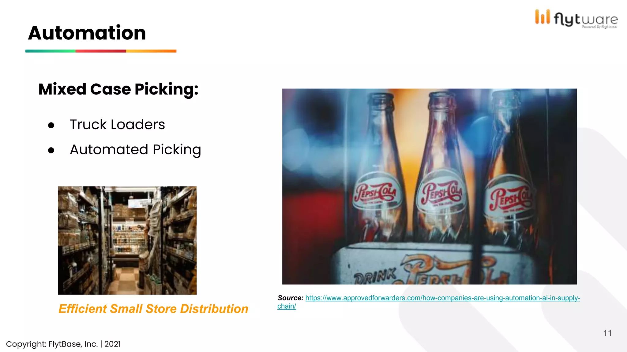 Automation
Copyright: FlytBase, Inc. | 2021
11
Source: https://www.approvedforwarders.com/how-companies-are-using-automation-ai-in-supply-
chain/
Mixed Case Picking:
● Truck Loaders
● Automated Picking
Efficient Small Store Distribution
 