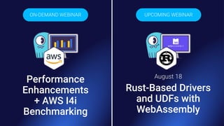 UPCOMING WEBINAR
August 18
Rust-Based Drivers
and UDFs with
WebAssembly
Performance
Enhancements
+ AWS I4i
Benchmarking
ON...