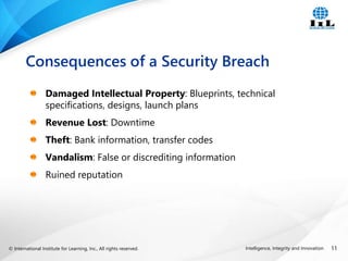 © International Institute for Learning, Inc., All rights reserved. 11
Intelligence, Integrity and Innovation
Damaged Intellectual Property: Blueprints, technical
specifications, designs, launch plans
Revenue Lost: Downtime
Theft: Bank information, transfer codes
Vandalism: False or discrediting information
Ruined reputation
Consequences of a Security Breach
 