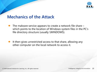 © International Institute for Learning, Inc., All rights reserved. 20
Intelligence, Integrity and Innovation
The malware service appears to create a network file share –
which points to the location of Windows system files in the PC’s
file directory structure (usually WINDOWS).
It then gives unrestricted access to that share, allowing any
other computer on the local network to access it.
Mechanics of the Attack
 