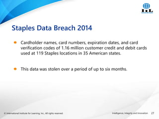 © International Institute for Learning, Inc., All rights reserved. 27
Intelligence, Integrity and Innovation
Cardholder names, card numbers, expiration dates, and card
verification codes of 1.16 million customer credit and debit cards
used at 119 Staples locations in 35 American states.
This data was stolen over a period of up to six months.
Staples Data Breach 2014
 