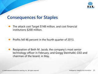 © International Institute for Learning, Inc., All rights reserved. 31
Intelligence, Integrity and Innovation
The attack cost Target $148 million, and cost financial
institutions $200 million.
Profits fell 46 percent in the fourth quarter of 2013.
Resignation of Beth M. Jacob, the company’s most senior
technology officer in February, and Gregg Steinhafel, CEO and
chairman of the board, in May.
Consequences for Staples
 