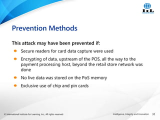 © International Institute for Learning, Inc., All rights reserved. 32
Intelligence, Integrity and Innovation
This attack may have been prevented if:
Secure readers for card data capture were used
Encrypting of data, upstream of the POS, all the way to the
payment processing host, beyond the retail store network was
done
No live data was stored on the PoS memory
Exclusive use of chip and pin cards
Prevention Methods
 