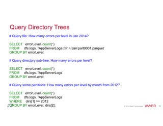 © 2014 MapR Technologies 19 
Query Directory Trees 
# Query file: How many errors per level in Jan 2014? 
SELECT errorLevel, count(*) 
FROM dfs.logs.`/AppServerLogs/2014/Jan/part0001.parquet` 
GROUP BY errorLevel; 
# Query directory sub-tree: How many errors per level? 
SELECT errorLevel, count(*) 
FROM dfs.logs.`/AppServerLogs` 
GROUP BY errorLevel; 
# Query some partitions: How many errors per level by month from 2012? 
SELECT errorLevel, count(*) 
FROM dfs.logs.`/AppServerLogs` 
WHERE dirs[1] >= 2012 
GROUP BY errorLevel, dirs[2]; 
 