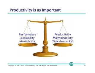 Productivity is as Important 
Productivity 
Maintainability 
Time-to-market 
Performance 
Scalability 
Availability 
Copyright © 1991 - 2014 R20/Consultancy B.V., The Hague, The Netherlands 12 
 