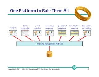 One Platform to Rule Them All 
batch 
processing 
investigative 
analytics 
point 
queries 
operational 
processing 
interactive 
reporting 
data stream 
analytics processing 
One Data Management Platform 
Copyright © 1991 - 2014 R20/Consultancy B.V., The Hague, The Netherlands 27 
 