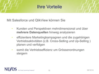 Ihre Vorteile 
Mit Salesforce und QlikView können Sie 
• Kunden und Perspektiven mehrdimensional und über 
mehrere Datenquellen hinweg analysieren 
• effizientere Marketingkampagnen und die zugehörigen 
Vertriebsaktivitäten (z.B. Cross-Selling und Up-Selling ) 
planen und verfolgen 
• somit die Vertriebseffizienz um Grössenordnungen 
15 
steigern 
28/10/14 
 