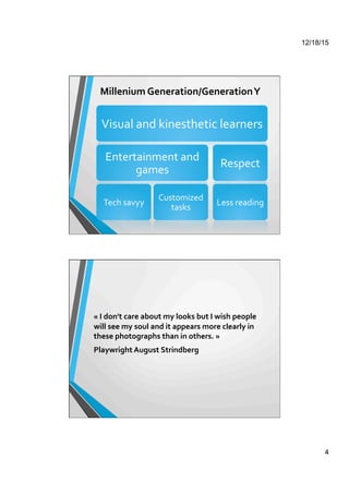 12/18/15
4
Millenium	
  Generation/Generation	
  Y	
  
Visual	
  and	
  kinesthetic	
  learners	
  
Entertainment	
  and	
  
games	
  
Tech	
  savyy	
  
Customized	
  
tasks	
  
Respect	
  
Less	
  reading	
  
	
  
	
  
«	
  I	
  don't	
  care	
  about	
  my	
  looks	
  but	
  I	
  wish	
  people	
  
will	
  see	
  my	
  soul	
  and	
  it	
  appears	
  more	
  clearly	
  in	
  
these	
  photographs	
  than	
  in	
  others.	
  »	
  	
  
Playwright	
  August	
  Strindberg	
  
	
  
	
  
 