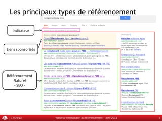 Les principaux types de référencement

   Indicateur



Liens sponsorisés




Référencement
    Naturel
    - SEO -




  17/04/13          Webinar Introduction au référencement – avril 2013   5
 