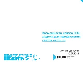 Возможности нового SEO-
модуля для продвижения
сайтов на tiu.ru
Александр Кулик
30.07.2013
 
