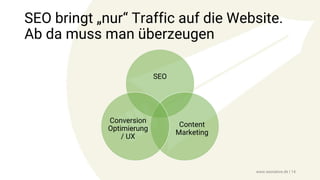 SEO bringt „nur“ Traffic auf die Website.
Ab da muss man überzeugen
SEO
Content
Marketing
Conversion
Optimierung
/ UX
www.seonative.de | 14
 
