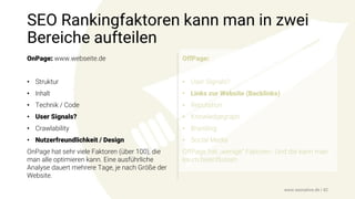 SEO Rankingfaktoren kann man in zwei
Bereiche aufteilen
OnPage: www.webseite.de
• Struktur
• Inhalt
• Technik / Code
• User Signals?
• Crawlability
• Nutzerfreundlichkeit / Design
OnPage hat sehr viele Faktoren (über 100), die
man alle optimieren kann. Eine ausführliche
Analyse dauert mehrere Tage, je nach Größe der
Website.
OffPage:
• User Signals?
• Links zur Website (Backlinks)
• Reputation
• Knowledgegraph
• Branding
• Social Media
OffPage hat „wenige“ Faktoren. Und die kann man
kaum beeinflussen.
www.seonative.de | 42
 