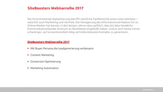 SiteBoosters Webinarreihe 2017
Die fortschreitende Digitalisierung betrifft sämtliche Fachbereiche eines Unternehmens –
natürlich auch Marketing und Vertrieb. Die Verlagerung des Informationsverhaltens hin zu
Online-Medien hat bereits in den letzten Jahren dazu geführt, dass bis dato bewährte
Kommunikationskanäle drastisch an Reichweite eingebüßt haben. Und es wird heute immer
schwieriger, auf konventionellem Weg vertriebsrelevante Kontakte zu generieren.
SiteBoosters Webinarreihe 2017
 Mit Buyer Persona die Leadgenerierung verbessern
 Content Marketing
 Conversion Optimierung
 Marketing Automation
SiteBoosters1
 