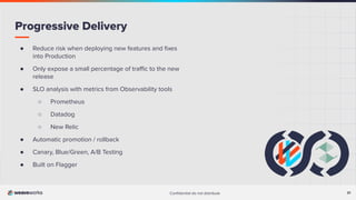 21
Conﬁdential do not distribute 21
● Reduce risk when deploying new features and ﬁxes
into Production
● Only expose a small percentage of traﬃc to the new
release
● SLO analysis with metrics from Observability tools
○ Prometheus
○ Datadog
○ New Relic
● Automatic promotion / rollback
● Canary, Blue/Green, A/B Testing
● Built on Flagger
Progressive Delivery
 