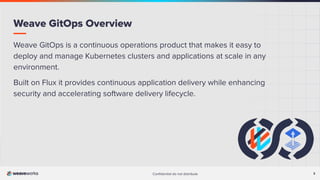 3
Conﬁdential do not distribute 3
Weave GitOps is a continuous operations product that makes it easy to
deploy and manage Kubernetes clusters and applications at scale in any
environment.
Built on Flux it provides continuous application delivery while enhancing
security and accelerating software delivery lifecycle.
Weave GitOps Overview
 