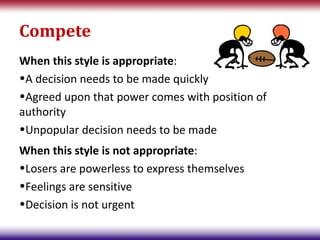 Compete
When this style is appropriate:
•A decision needs to be made quickly
•Agreed upon that power comes with position of
authority
•Unpopular decision needs to be made
When this style is not appropriate:
•Losers are powerless to express themselves
•Feelings are sensitive
•Decision is not urgent
 