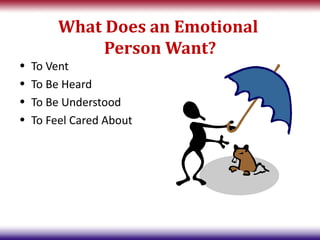 What Does an Emotional
              Person Want?
•   To Vent
•   To Be Heard
•   To Be Understood
•   To Feel Cared About
 
