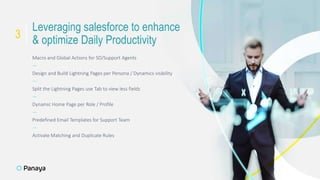 Macro and Global Actions for SD/Support Agents
—
Design and Build Lightning Pages per Persona / Dynamics visibility
—
Split the Lightning Pages use Tab to view less fields
—
Dynamic Home Page per Role / Profile
—
Predefined Email Templates for Support Team
—
Activate Matching and Duplicate Rules
11
Leveraging salesforce to enhance
& optimize Daily Productivity
3
 