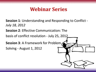 Webinar Series

Session 1: Understanding and Responding to Conflict -
July 18, 2012
Session 2: Effective Communication: The
basis of conflict resolution - July 25, 2012
Session 3: A Framework for Problem
Solving - August 1, 2012
 