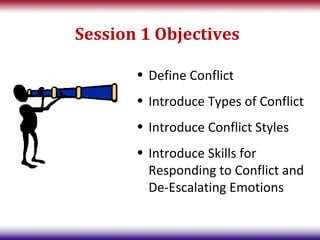 Session 1 Objectives

       • Define Conflict
       • Introduce Types of Conflict
       • Introduce Conflict Styles
       • Introduce Skills for
         Responding to Conflict and
         De-Escalating Emotions
 
