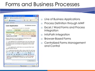 Forms and Business Processes

                Line of Business Applications
                Process Definition through MWF
                Excel / Word Forms and Process
                 Integration
                InfoPath Integration
                Browser-Based Forms
                Centralized Forms Management
                 and Control
 
