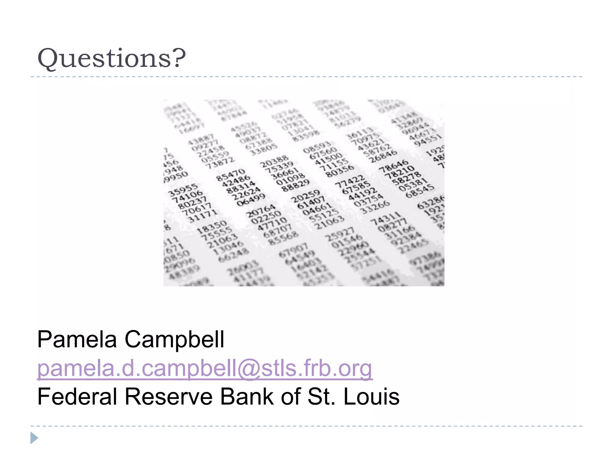 Questions?
Pamela Campbell
pamela.d.campbell@stls.frb.org
Federal Reserve Bank of St. Louis
 