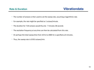 11
Vibrationdata
Rate & Duration
• The number of octaves is then used to set the sweep rate, assuming a logarithmic rate.
• For example, the rate might be specified as 1 octave/minute.
• The duration for 7.64 octaves would thus be: 7 minutes 38 seconds
• The excitation frequency at any time can then be calculated from this rate.
• Or perhaps the total sweep time from 10 Hz to 2000 Hz is specified as 8 minutes.
• Thus, the sweep rate is 0.955 octaves/min.
 