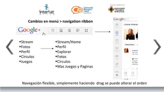 Cambios en menú > navigation ribbon



•Stream             •Stream/Home
•Fotos              •Perfil
•Perfil             •Explorar
•Círculos           •Fotos
•Juegos             •Círculos
                    •Mas Juegos y Paginas



 Navegación flexible, simplemente haciendo drag se puede alterar el orden
 